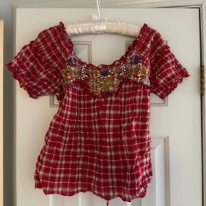 Free People Boho Embroidered Shirred Sleeves Top Tie-back Red Plaid 8